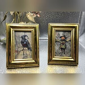 "5/$25" Set Of 2 Brass Colored Lightweight Framed  Mixed Media Halloween Art